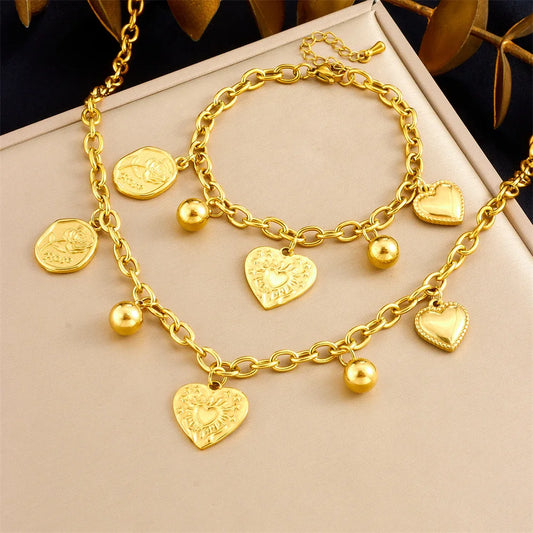 Gold Heart Pendant Necklace & Bracelet Jewellery Set | Simple Chic Fashion Set