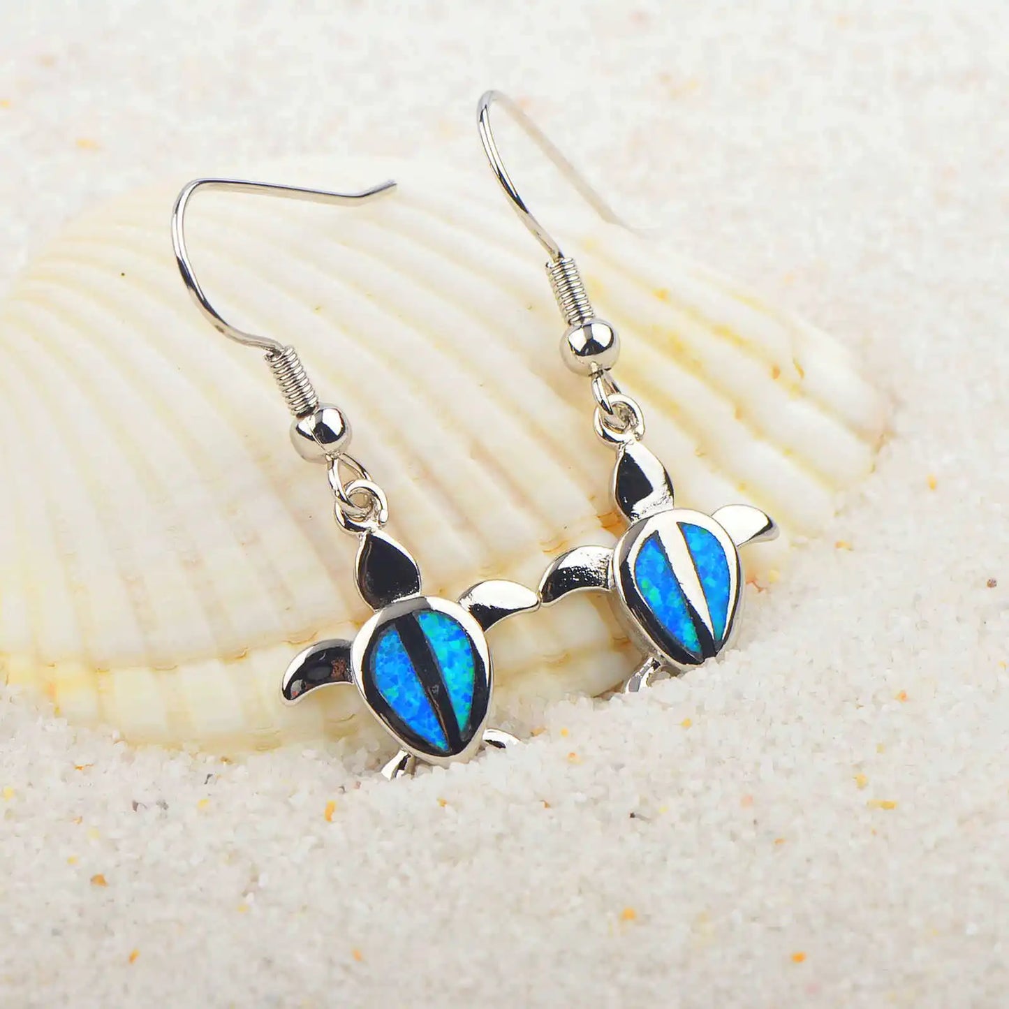 Cute Little Turtle Blue Opal Earrings  Iridescent Ocean Minimalist Earrings
