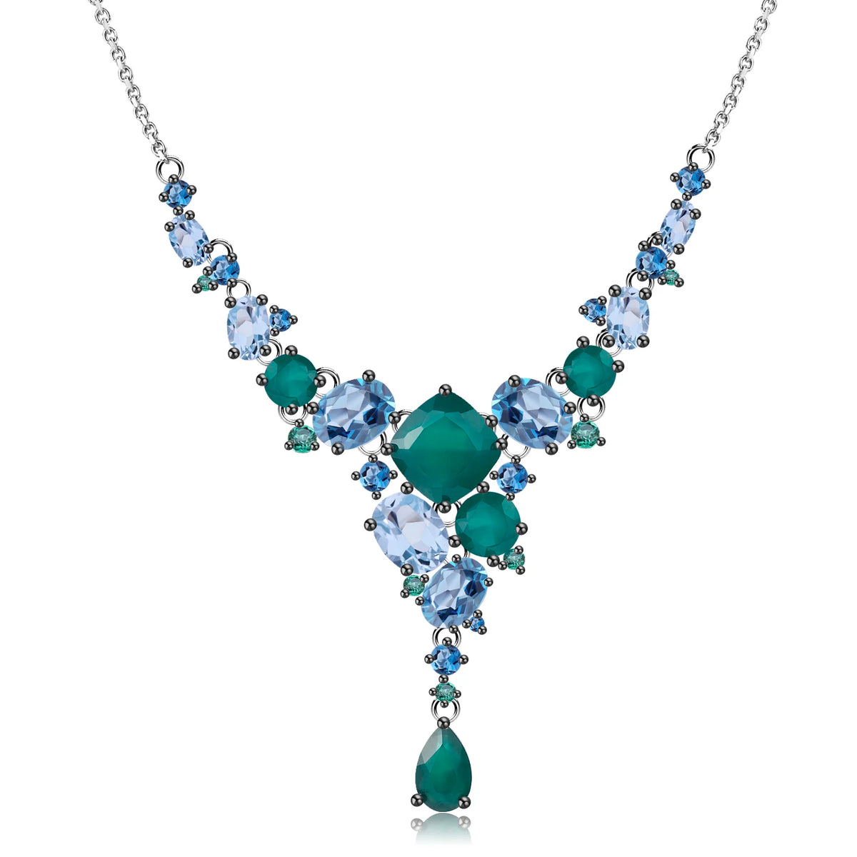 ArtistA Abiding Luxury Cluster Setting Silver Natural Green Agate Blue Topaz Multi-Stone Y-Necklace Ring and Dangle Drop Earrings Set