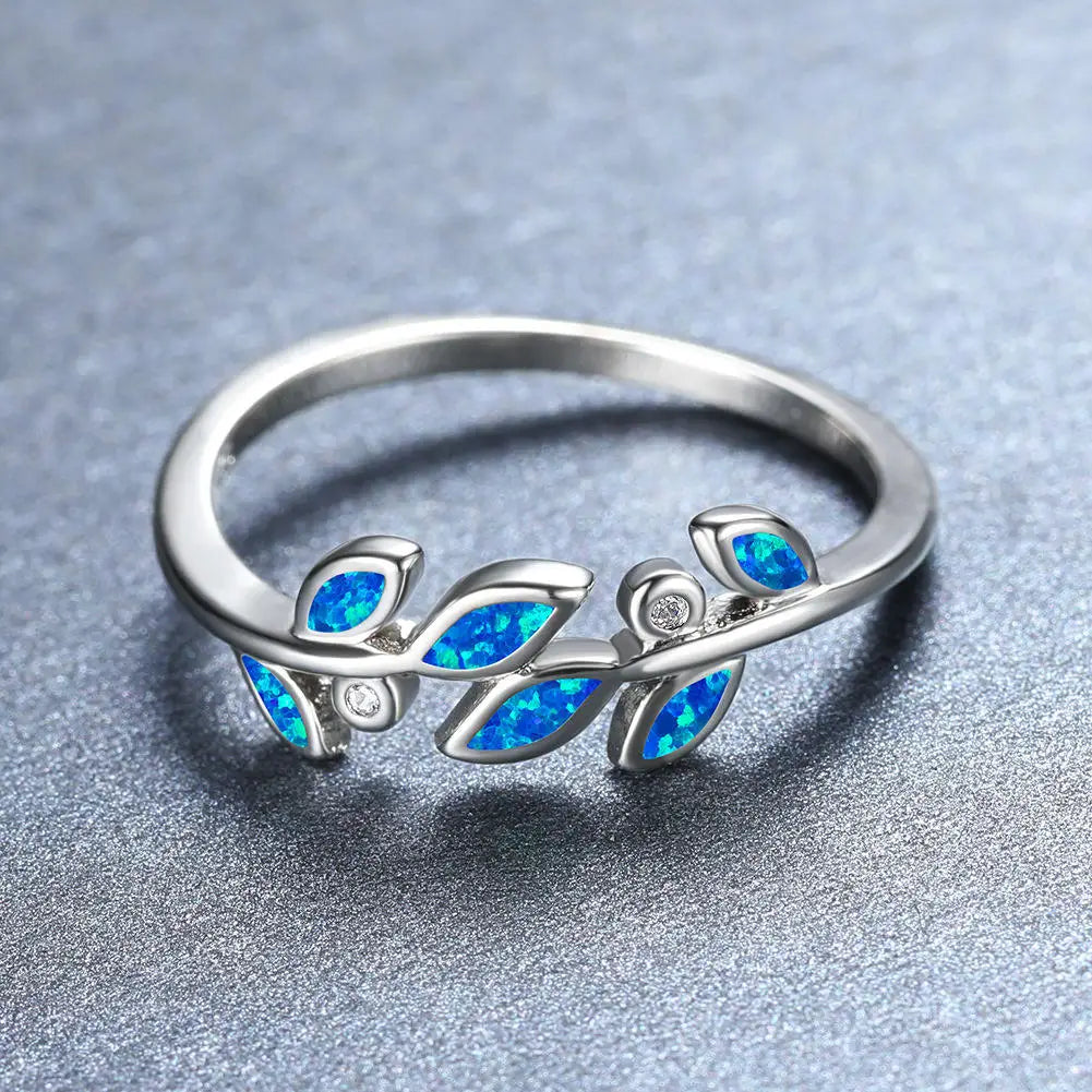 Flower-Shaped Blue Opal Twisted Tiny Ring | Iridescent Gem Inlay Band | Modern Silver/Gold Plated Women's Trendy Fashion Jewelry