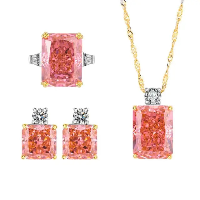 S&S Papalacha Pink CZ 925 Silver Jewellery Set | Rectangle Cut Necklace, Earrings & Ring | S&S Collection