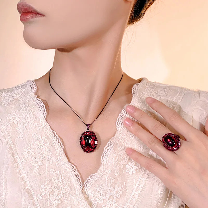 REDheart Brass Pearl Plated Black Movable Ring Simulation Trendy Women's Flower Design Rhodium/Gold Plated Advanced Pendant Jewelry Set