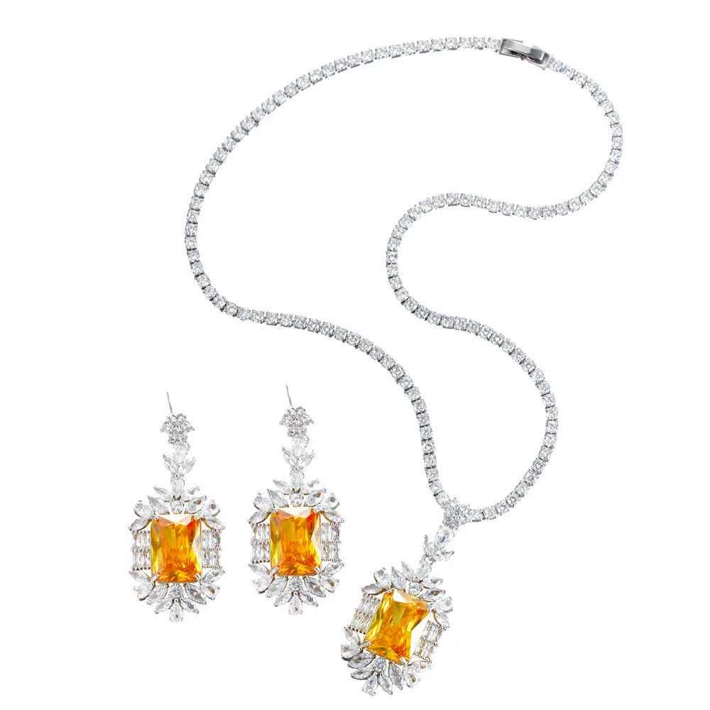 Women Quality Big Chic Yellow Cubic Zirconia Stone Wedding Tennis Necklace and Drop Earrings for Bridal Jewelry Set Accessories