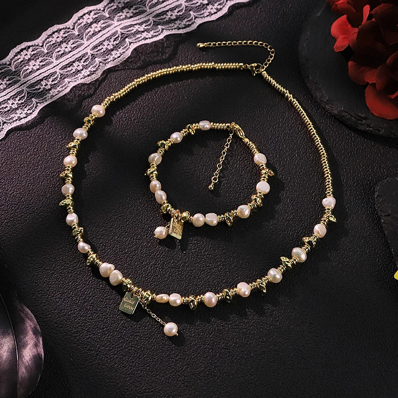GLSEEVO Natural Baroque Pearl Jewelry Set for Women Birthday Gift 18K Gold Plated Beaded Necklace Bracelet Fashion Jewelry