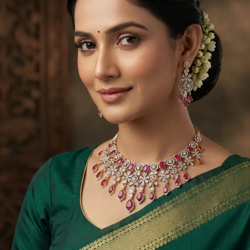 Royal Blossom Drop Necklace Set Gold Plated Pear Cut Elegant Bridal Wedding Party Luxury Floral Jewelry for Women Gift Set