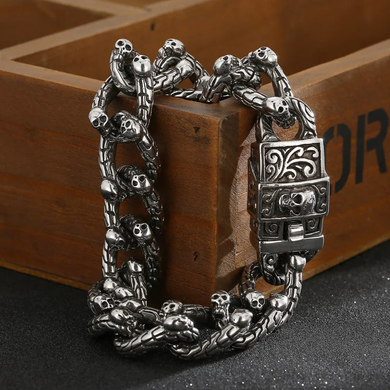 REBEL 220mm Men Punk Stainless Steel Skull Charms Cuban Links Bracelet