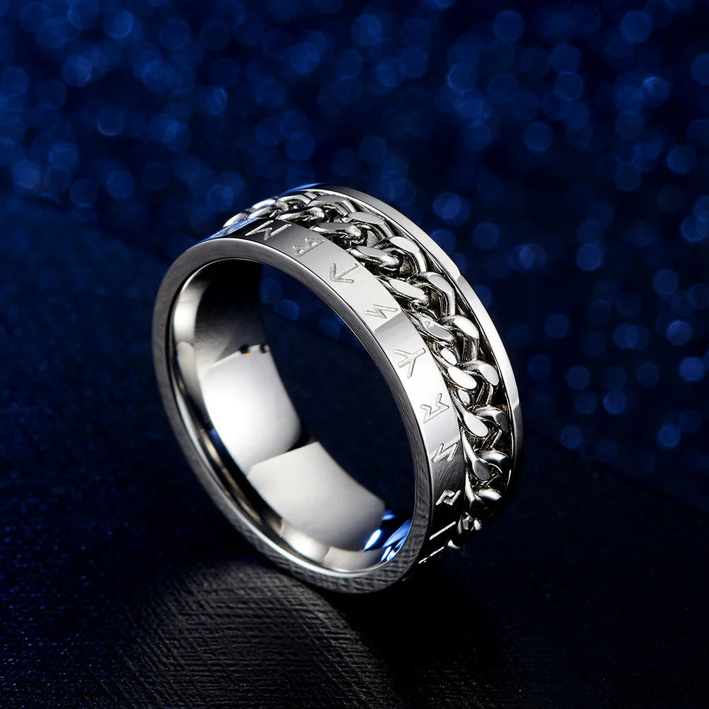 REBEL OAHLAN Fashion Jewelry 8mm Rotating Viking Script Chain Stainless Steel Rings for Men Wedding Engagement Party