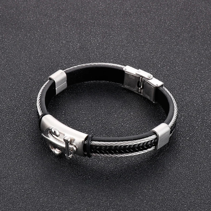 VIKING Mens Punk Stainless Steel & Cowhide Leather Anchor Bracelet