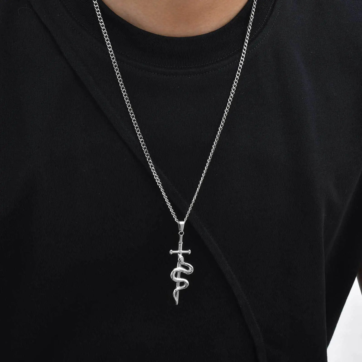 REBEL Men's Stainless Steel Snake Head Necklace Roman Numeral Rectangle Pendant Black Silver Gold Plated Trendy Christian Party GOLDIX