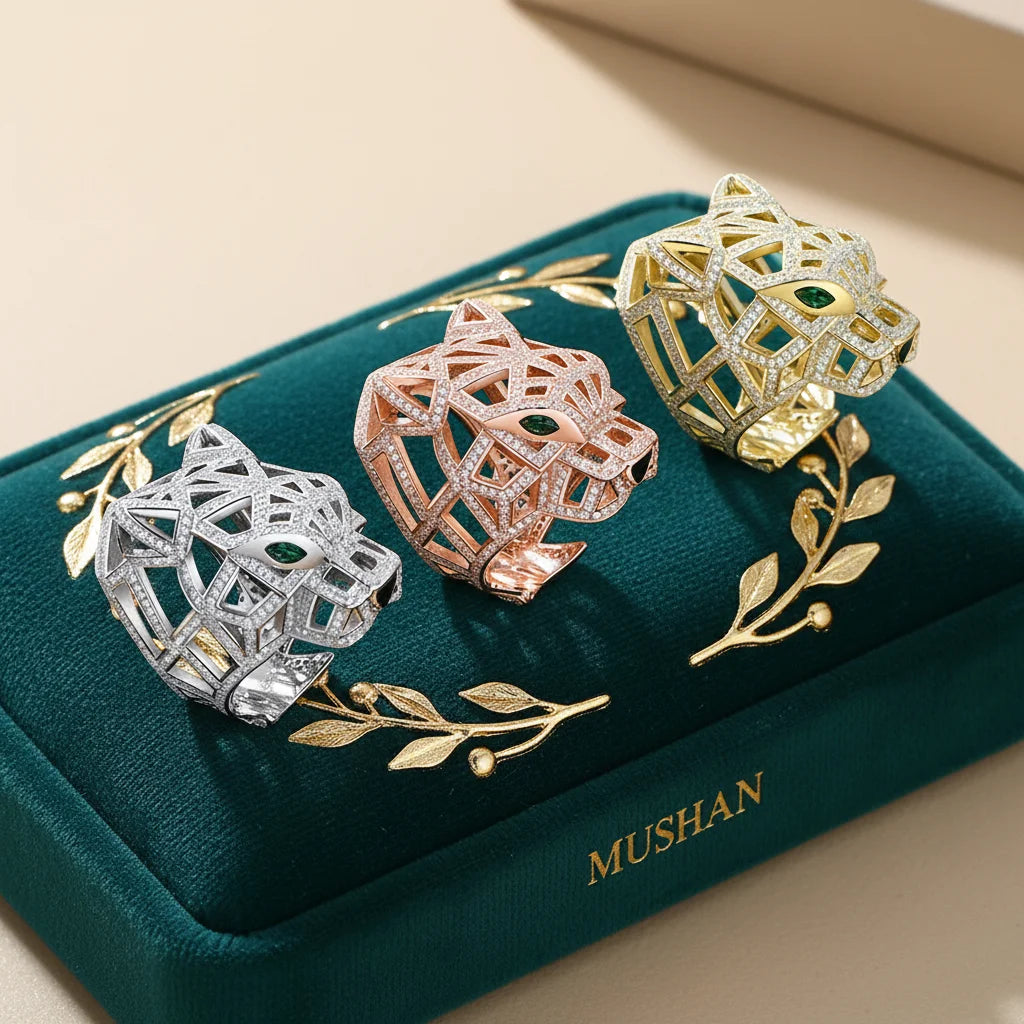 MuShan Jewelry Factory Leopard Head 925 Sterling Silver Rings Bands Women Hollow Design High Carbon Diamond HCD Gemstones Ring