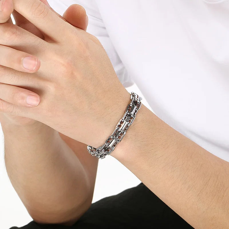 REBEL FASHIONISTA VEROMCA Pig-Nose Double-Row Stainless Steel Punk Wedding Bangle Bracelet with Hollow Magnetic Clasp