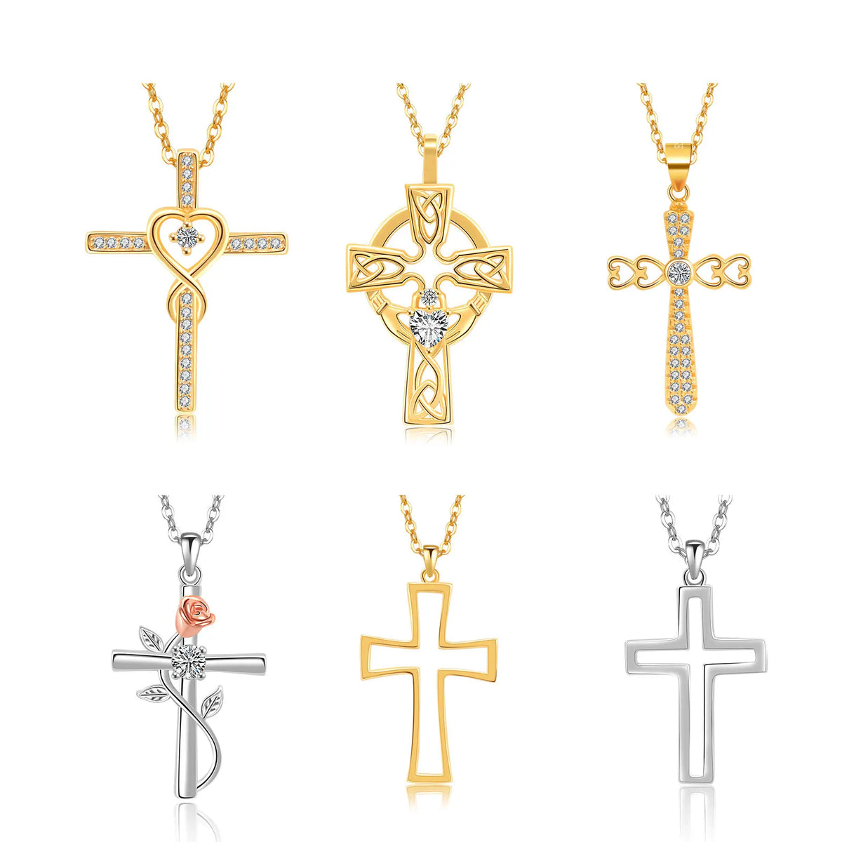 REDheart Fine Jewelry Cross Necklace Women Irish Celtic Claddagh Rose Silver 925 Gold Plated Hollow Cross Necklace for Women