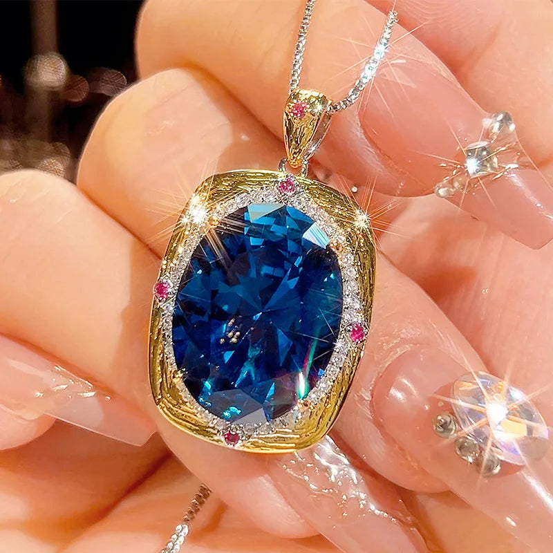 Gemfiori New Hot Selling Royal Noble Blue Egg Shaped Zircon Pendant Earrings and Rings Set for Dinner and Party Accessories