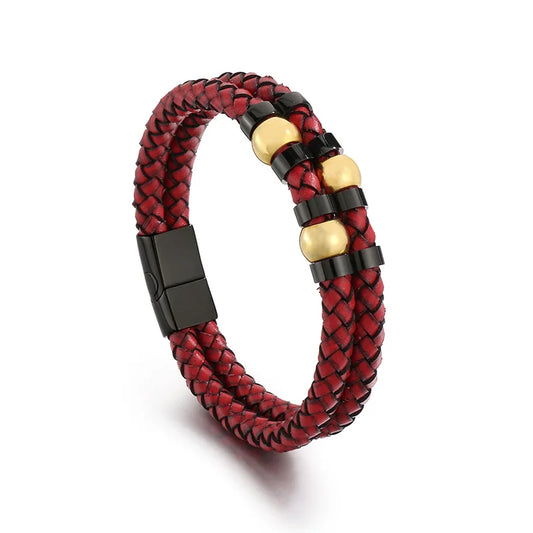 KALEN Trendy Braided Black Cowhide Leather and  Stainless Steel Bracelet Men Double Chain