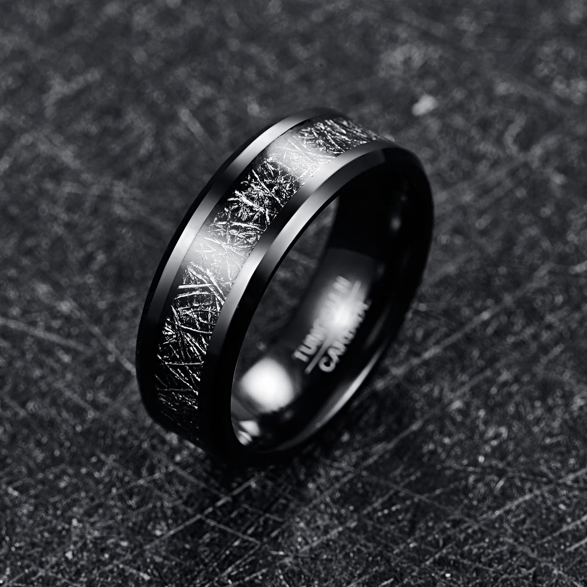 REBEL 8mm Width Chamfer Black Plated Inlaid Imitation Meteorite Men's Tungsten Ring Jewelry