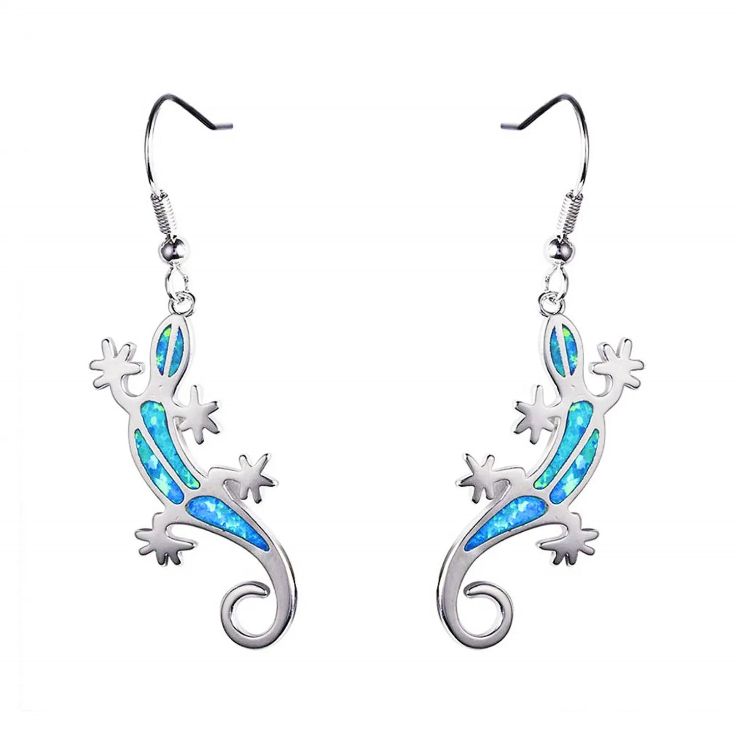 Gecko Opal Drop Earrings - Blue Fire Opal Solitaire & CZ Accent Design | Elegant Formal Jewelry Bulk Gifts