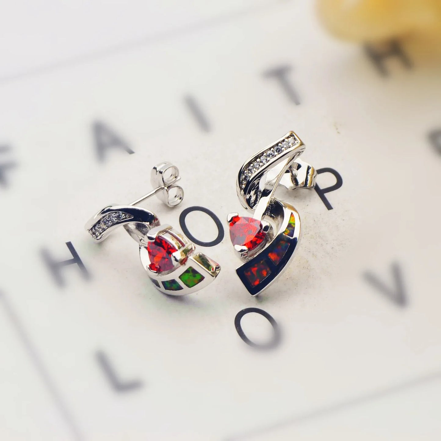 Aobao Silver Plated Brass Opal Christian Heart Earrings Bohemian Style Women's Gift