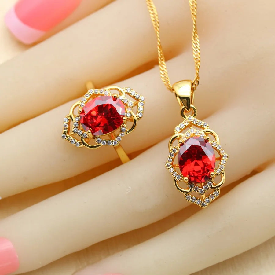 XOTICA 2023 New Red Cubic Zirconia Jewelry Set for Women Earrings Open Ring Pendent Necklace for Wedding or Engagement