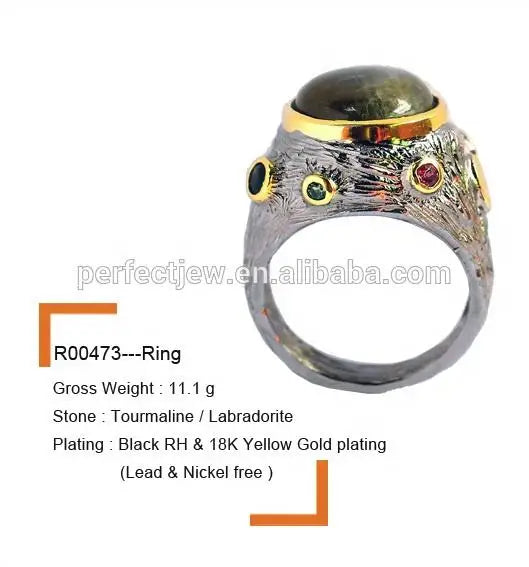 925 Sterling Silver Ring with Tourmaline Design Labradorite Stone Thailand CLASSIC Gemstone Rings