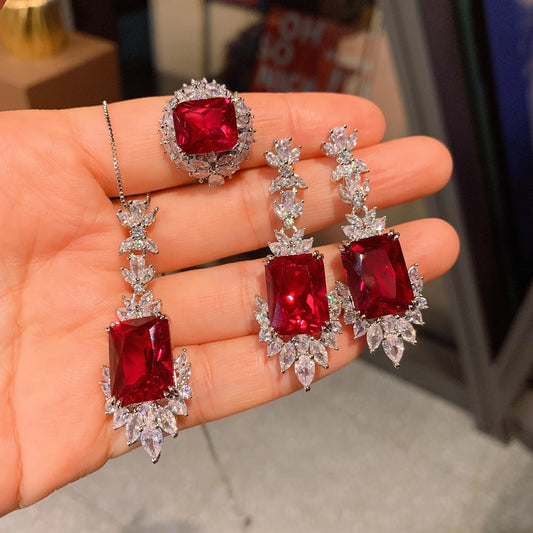 Gemfiori High Quality Luxury Vintage Flower Square Gemstone Design Drop Earring Ring Necklaces Brass Platinum Plated Wedding Jewelry Set
