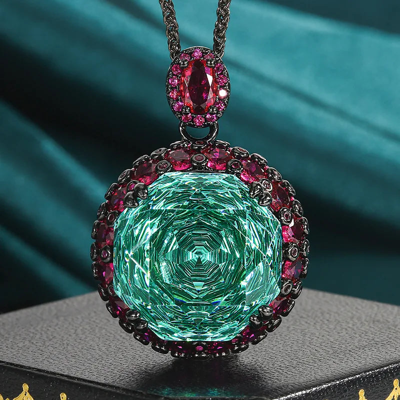 REDheart Fashion Brass Inlaid Zircon 18K Gold Plated Flower Design Black Opening Ring Women's Luxury Green Light Pendant Necklace Set