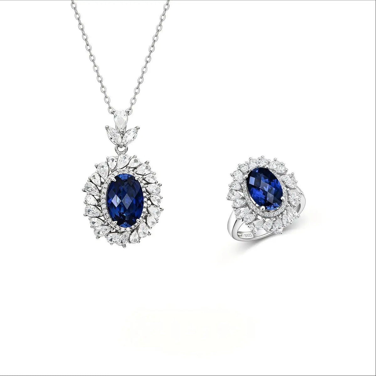 ArtistA High Quality Prong Set 925 Sterling Silver Lab Grown Blue Sapphire Ring Earring Necklace Set
