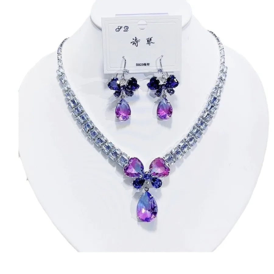 K090 Wholesale Women Trendy Luxurious Zircon Butterfly Bridal Necklace Earrings Set Wedding Elegant Jewelry Set