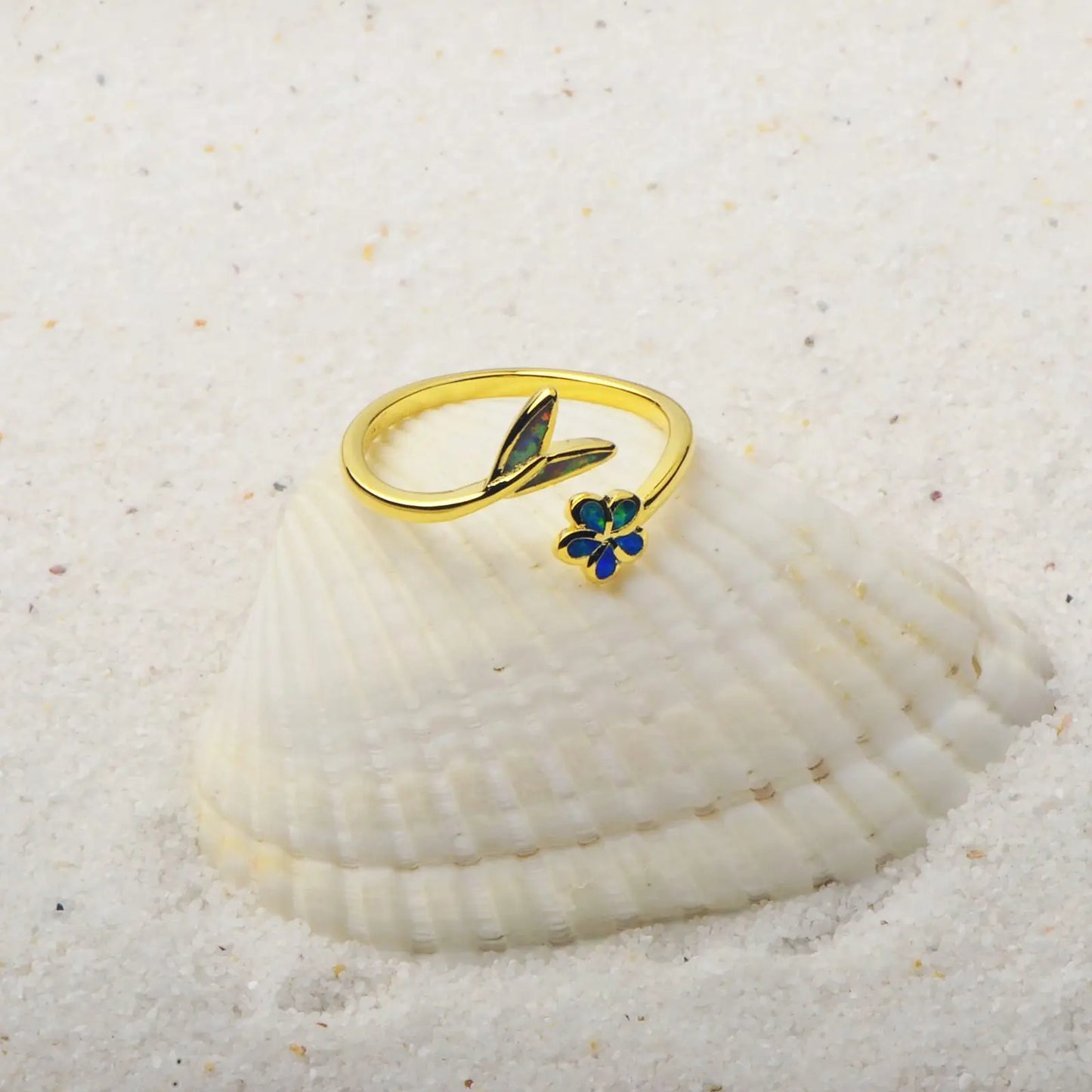 Floral & Leaf Open Ring | Blue/Iridescent Opal Inlay Gold-Plated Band | Dainty Nature-Inspired Fashion Jewelry for Women