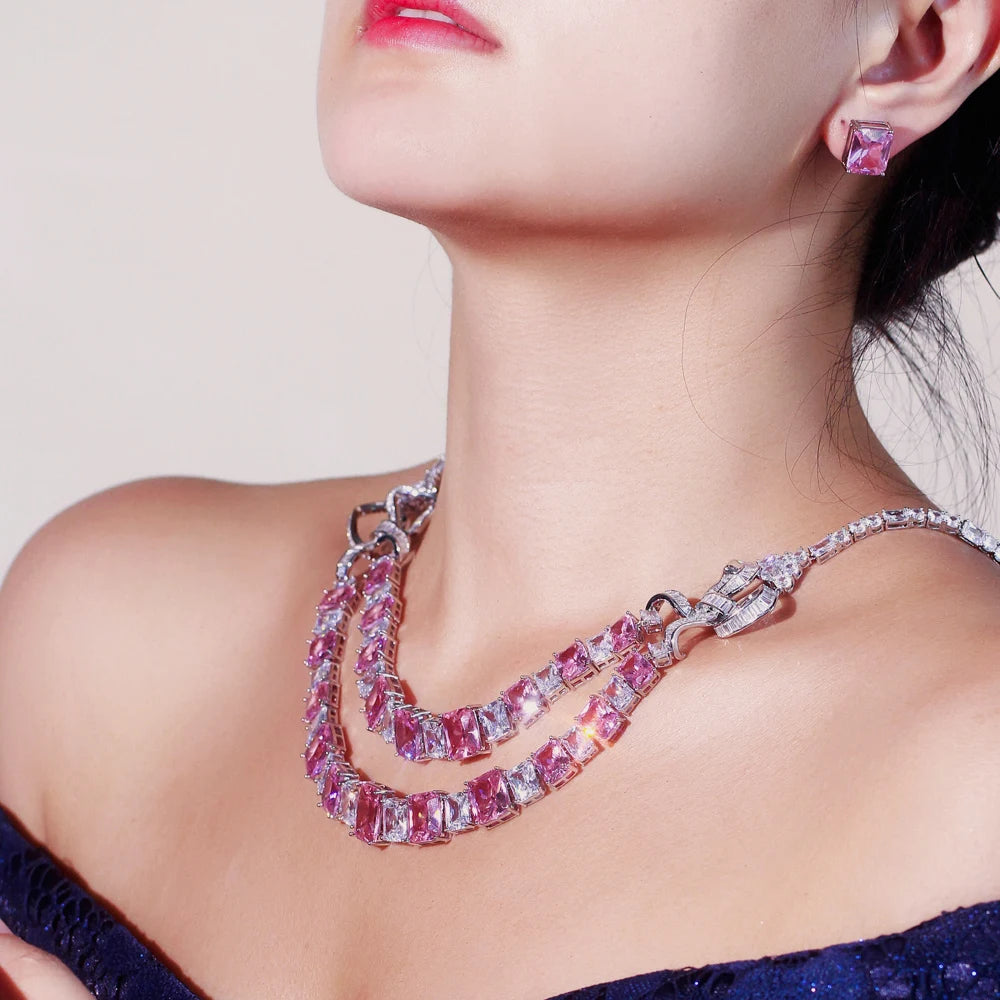 Super Shiny Luxury Design White and Pink Square Cut Cubic Zirconia Double Layer Wedding Bridal Big Jewelry Set for Women
