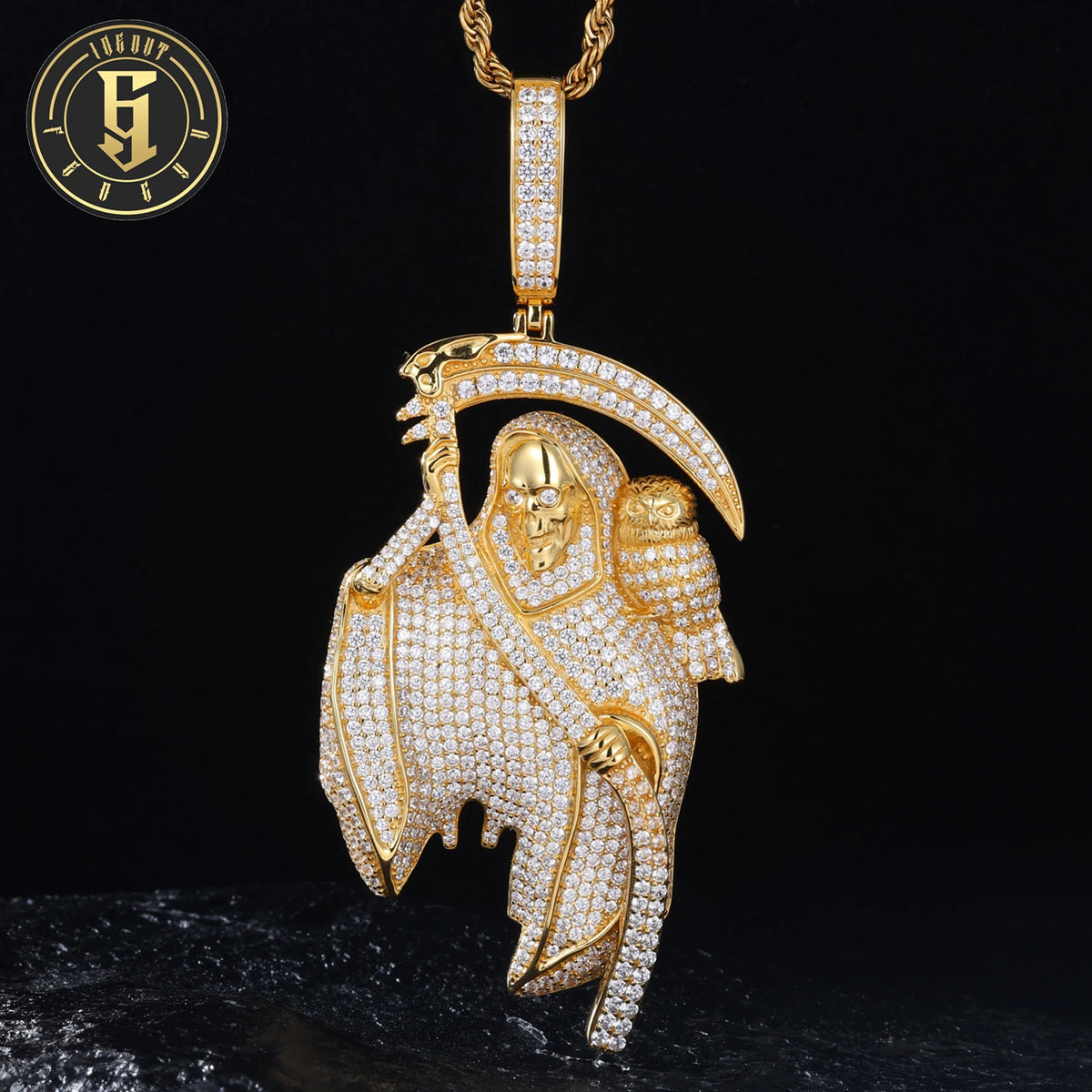 Punk Style Street Jewelry Luxury Gold Plated Brass AAAAA CZ Diamond Iced Out Grim Reaper Pendant for Hip Hop Men Women