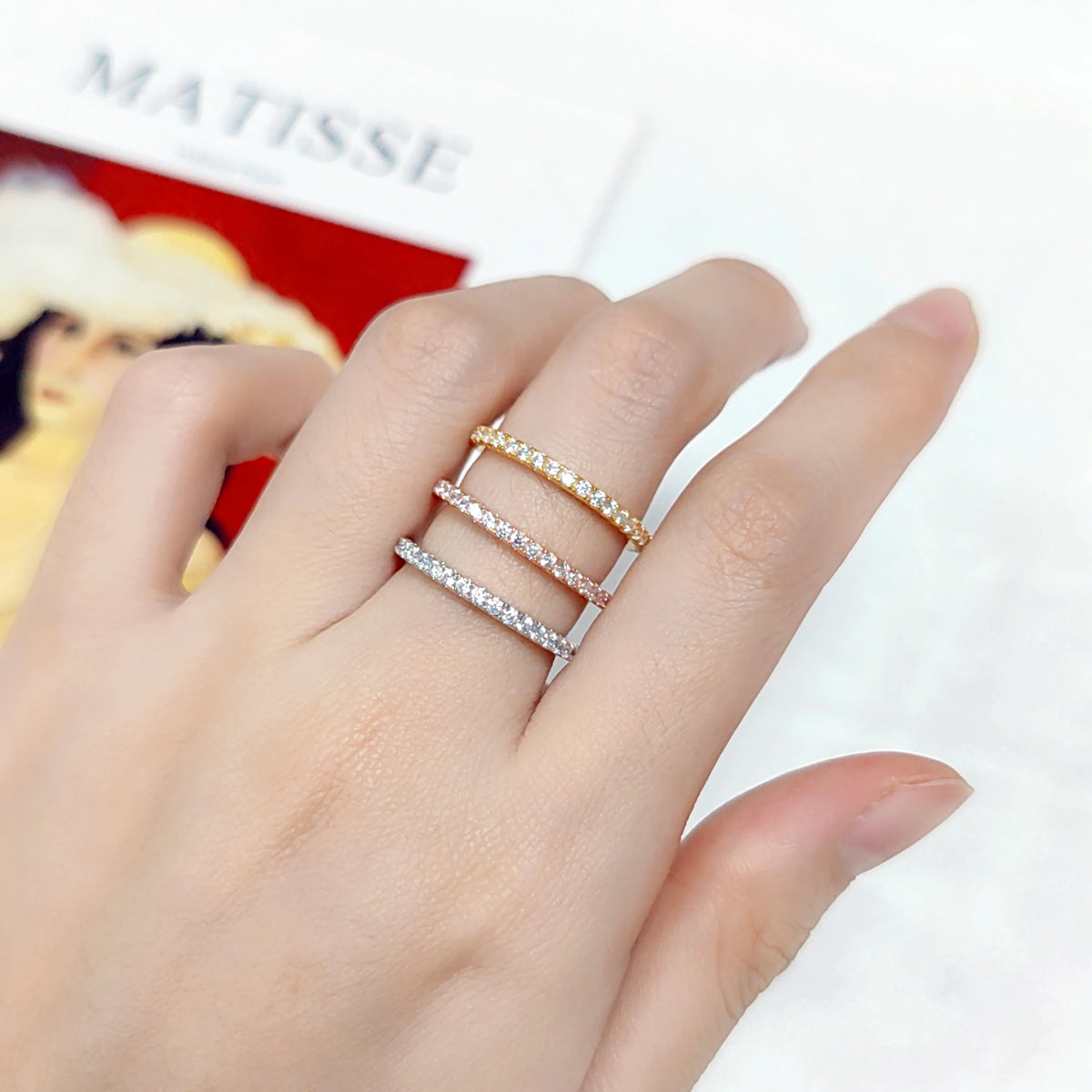 ArtistA KH069 Abiding Manufacturer 1.5MM Multiple Color Stone Waterproof 925 Silver Thin Gold Plated Band Rings