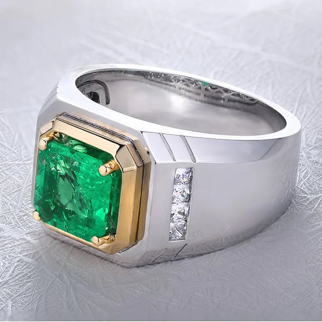 Gemfiori Anster Lab Created Emerald With Inclusions Men's Ring S925 Sterling Silver Lab Made Diamonds and Emeralds Ring