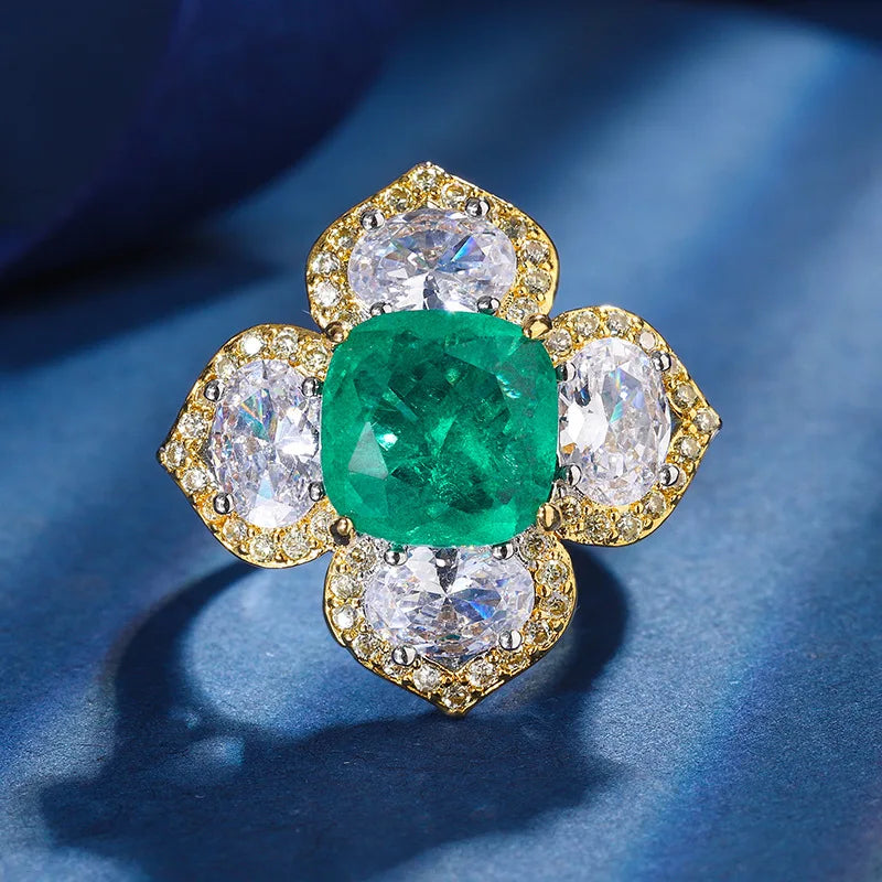 Gemfiori New Popular and Explosive Jewelry European and American Retro Inlaid square Emerald pink Zircon Flower Set