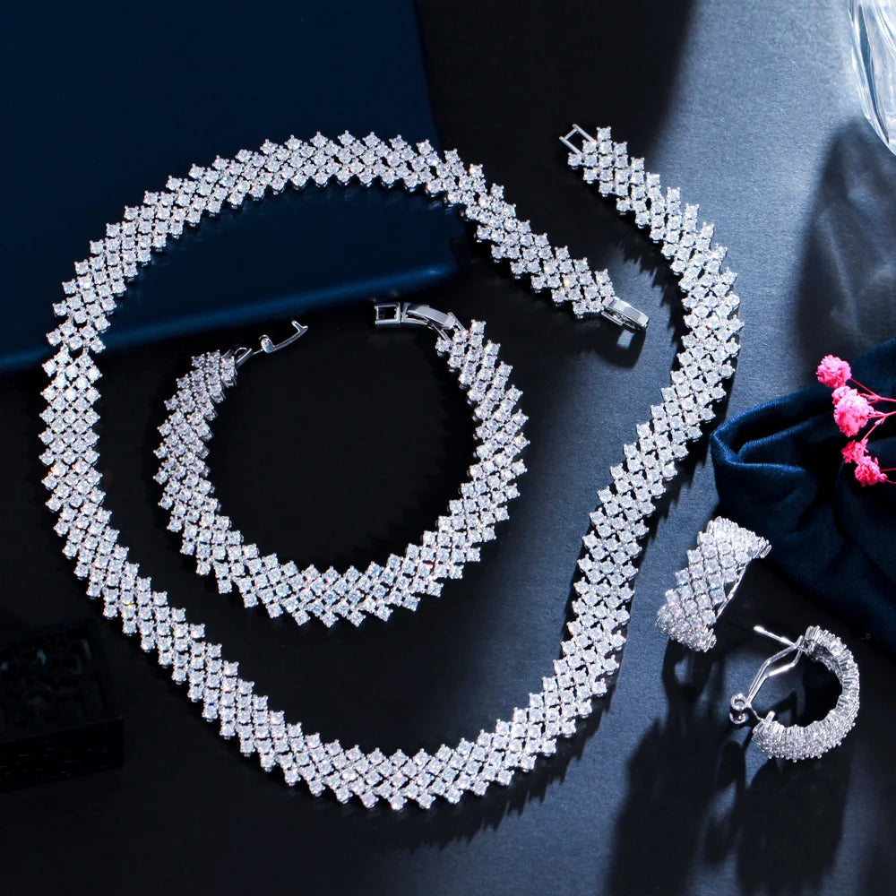 3 Pcs Expensive Shiny Round White Cubic Zircon Crystal Big Wide Luxury Bridal Wedding Jewelry Sets for Women Present Accessories