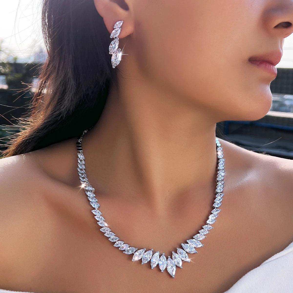 Bridal Jewelry Set Marquise Cut Cubic Zirconia Necklace and Earrings Wedding Jewelry Set for Women Luxury Accessories