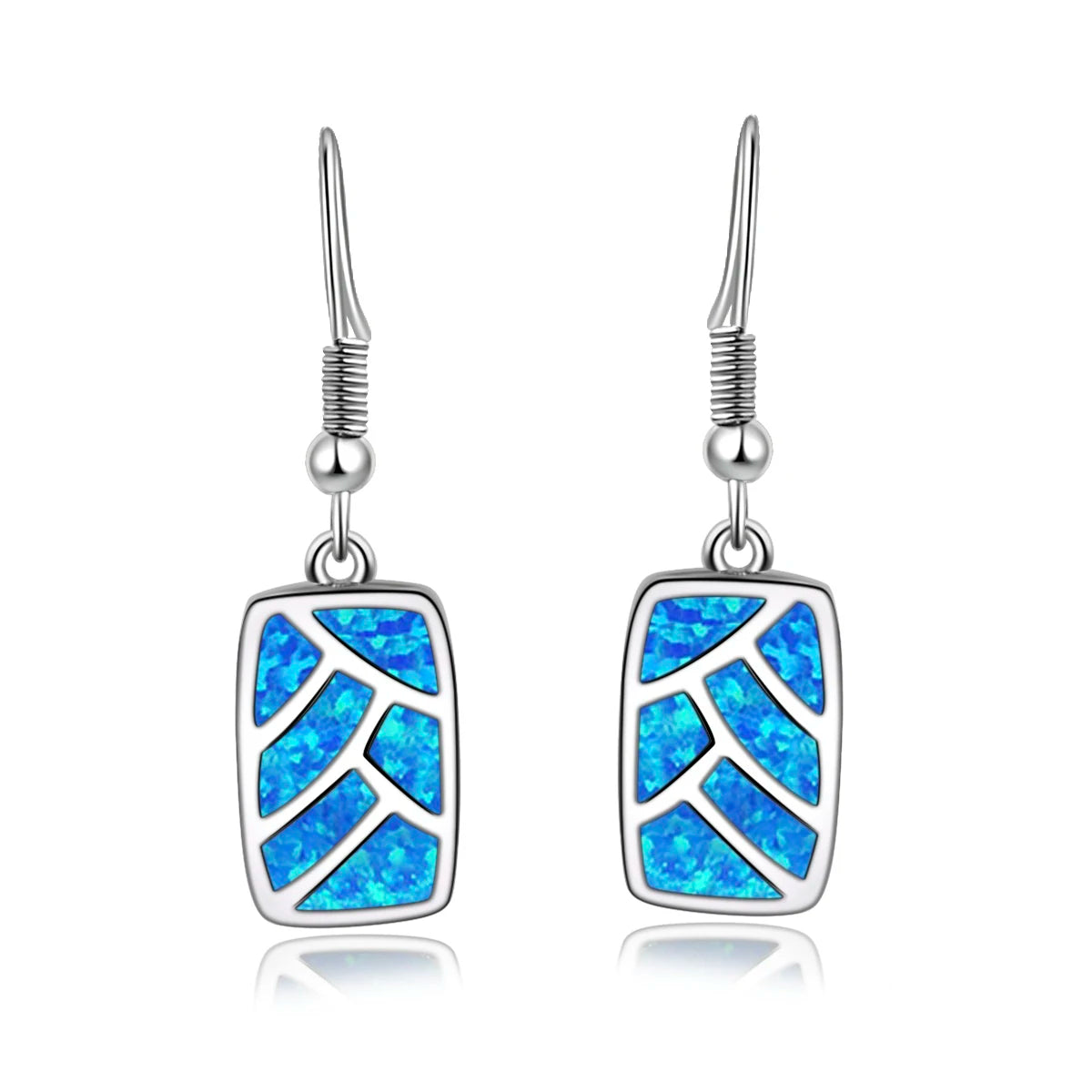 Leaf-Pattern Opal Drop Earrings - Blue Fire Opal Inlaid Rectangular Frame Design | Nature-Chic Daily Jewelry Bulk Gifts