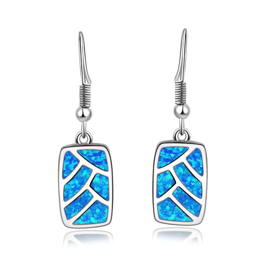 Leaf-Pattern Opal Drop Earrings - Blue Fire Opal Inlaid Rectangular Frame Design | Nature-Chic Daily Jewelry Bulk Gifts