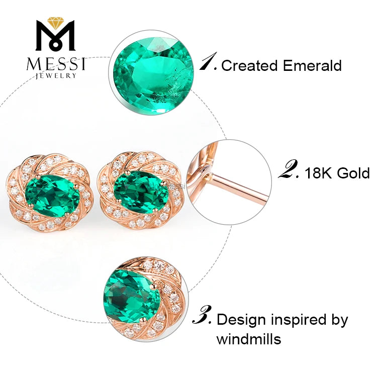 Gemfiori MS-199 Messi Jewelry Oval 14k 18k Gold 2 Carat Lab Created Emerald Earrings Jewellery for Women
