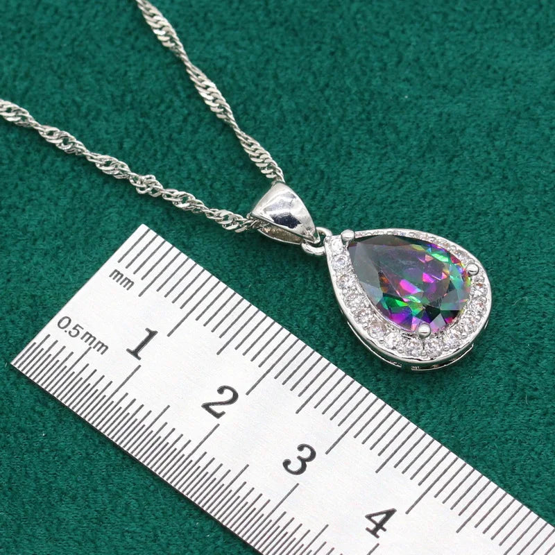 XOTICA Dubai Rainbow Zircon Silver Jewelry Set Ladies Long Earrings Ring Bracelet for Parties Engagements Christmas Gift