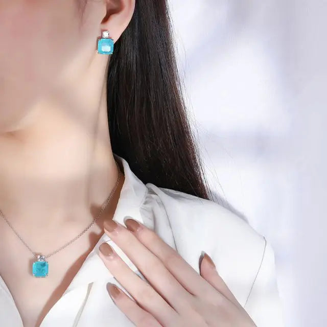 S&S Paraiba Blue Zircon 925 Silver Jewellery Set | Pendant Necklace & Earrings | S&S Collection