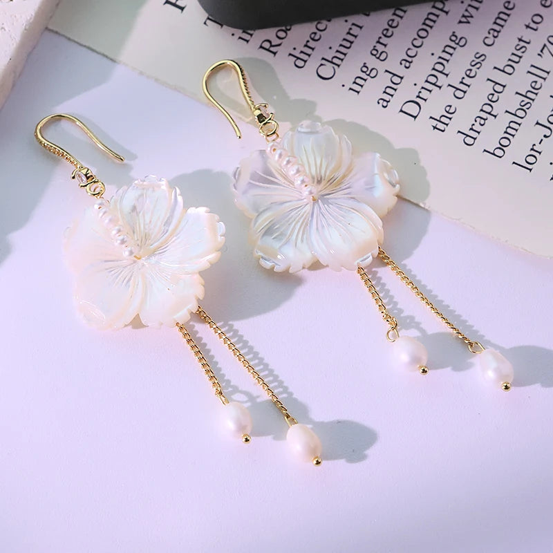 Natural Freshwater Pearl Shell Flower Chain Earrings Handmade Design Earrings Gift Banquet Women's Jewelry GE1806