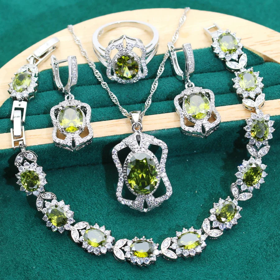 XOTICA 2024 New Classic 925 Silver Jewelry Set Olive Green Zircon Wedding Bracelet Pendant Ring for Women's Engagement Birthday Gifts