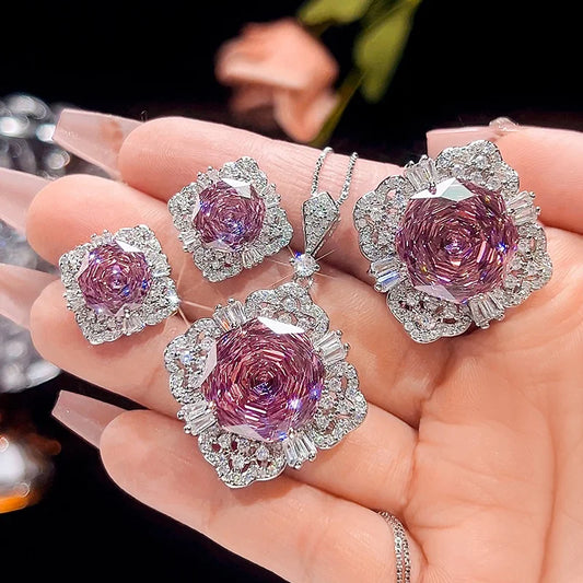 Gemfiori Luxurious Exquisite Flower Design Engagement Necklace Ring Earring Jewelry Luxurious Anniversary Gift Copper Gold-plated Set