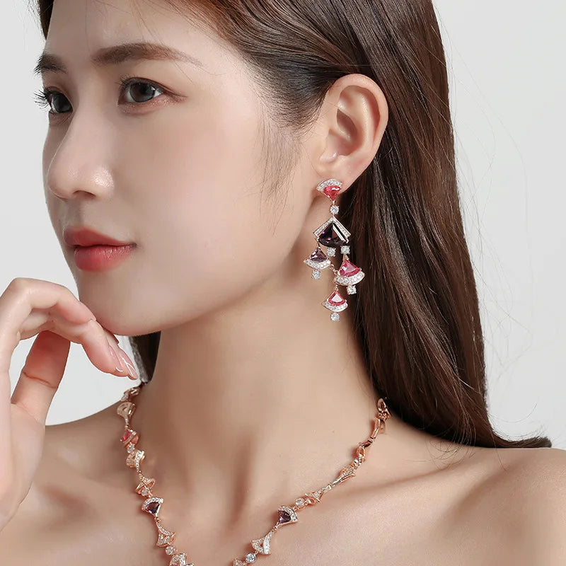 Luxury Zirconia Fan Design Pendant Necklace & Earrings Classic Middle Eastern Bridal Set — Rhodium Plated