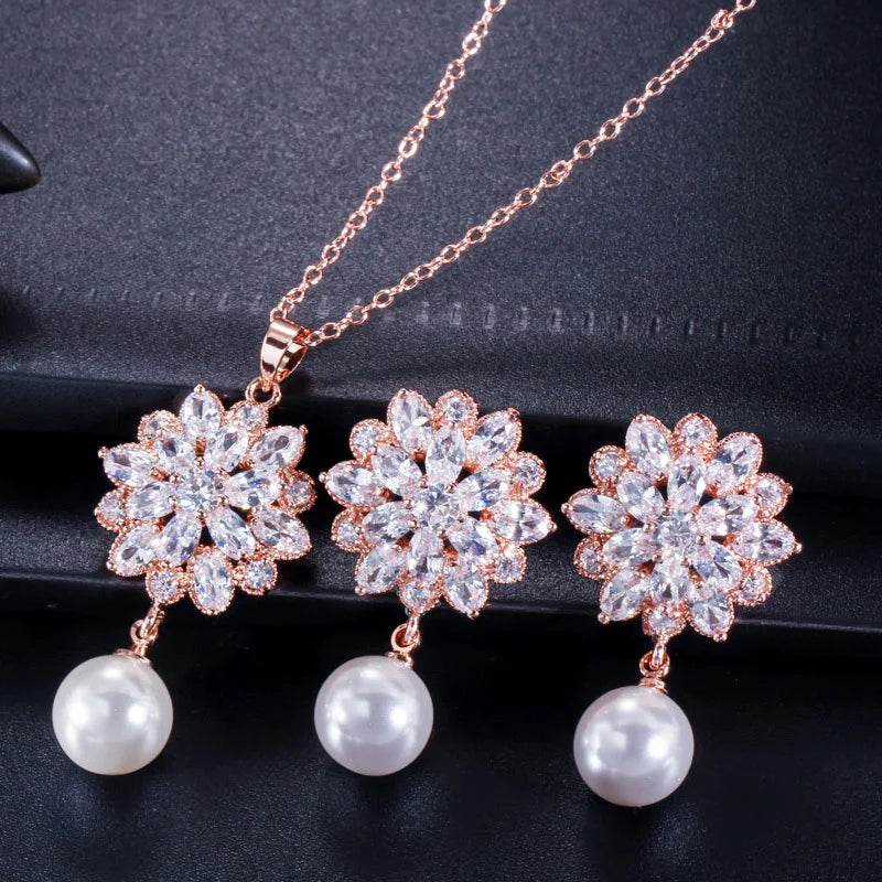 Brilliant Cubic Zirconia Stone Trendy Flower Pearl Jewelry Sets High Quality Dangle Earring and Necklace for Women Engagement