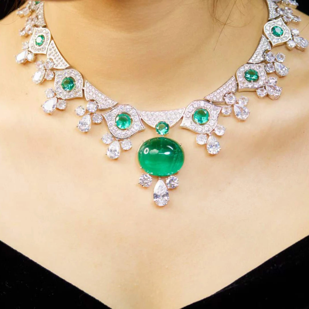 Emerald Green Cubic Zirconia Geometric Necklace & Earrings Jewellery Set