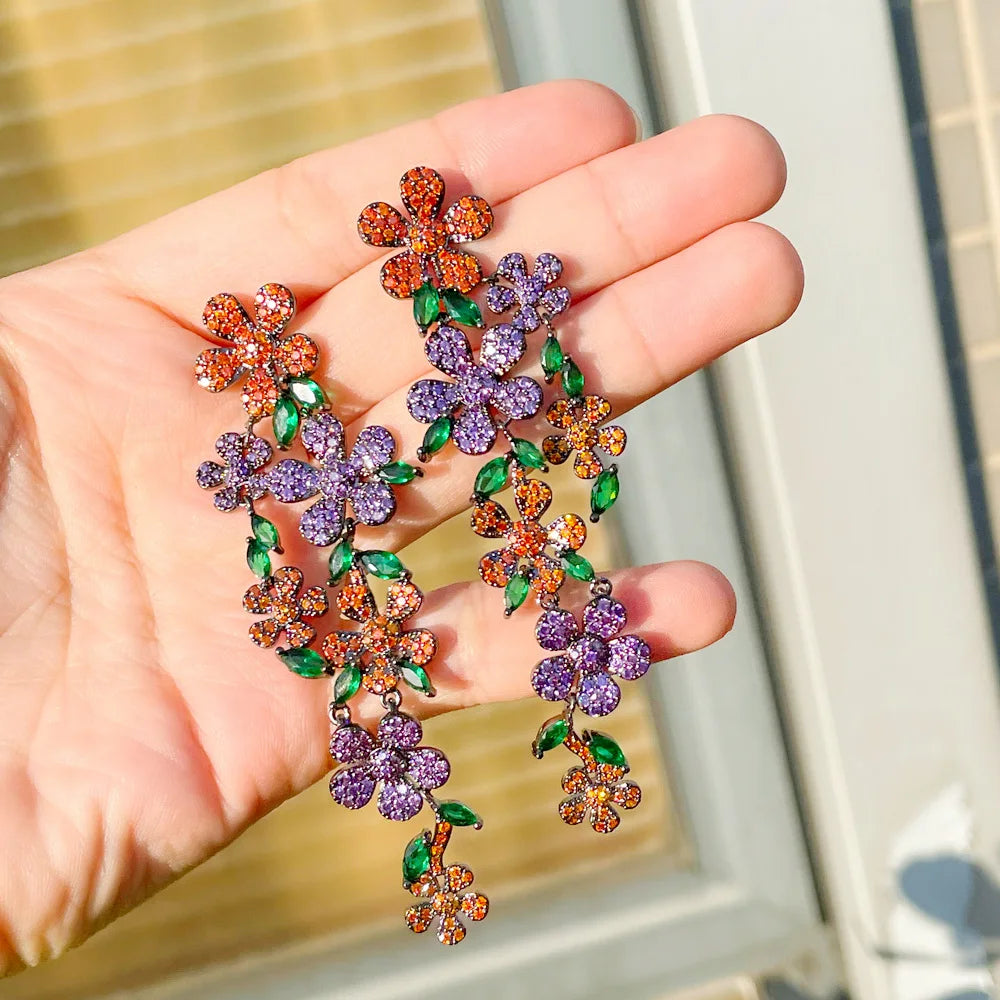 Glittering Multicolor Red Green Cubic Zircon Jewelry Flowers Long Dangling Drop Bridal Earrings for Women Wedding Party