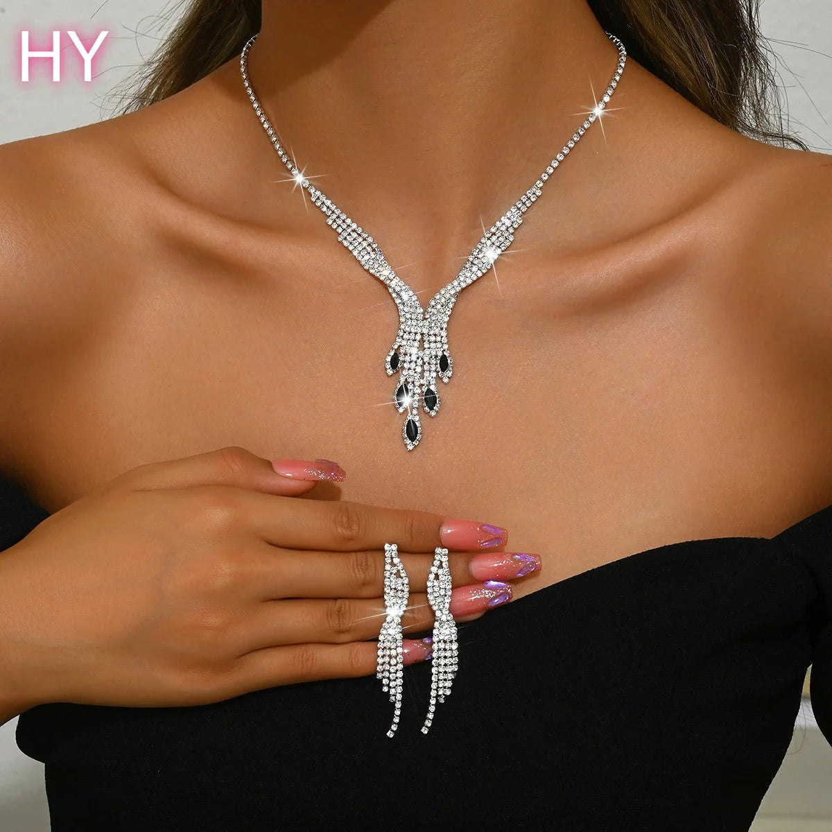 HY European and American Korean Bridal Creative Shining Necklace Earrings Fashion Set