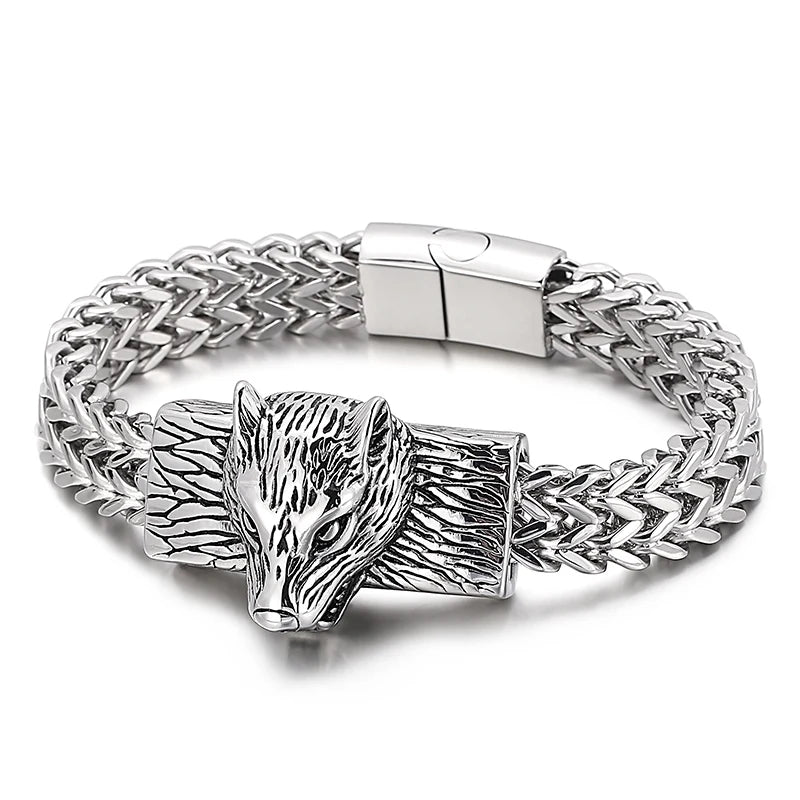 REBEL Punk Fine Jewelry Fashion Bracelets Men Stainless Steel Wolf Head Links Bracelet Bangle