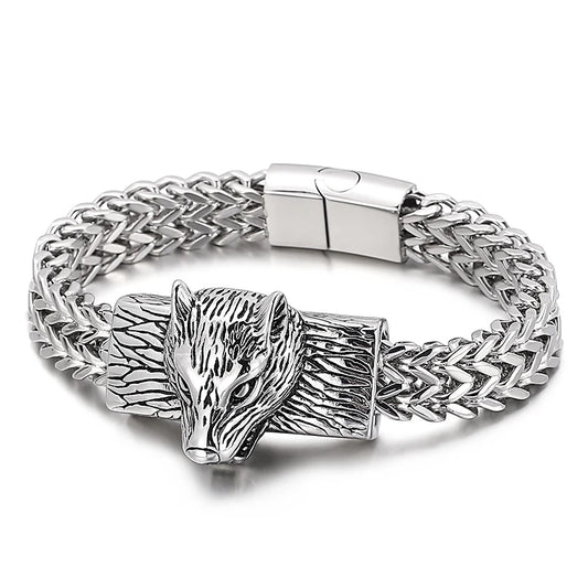 KALEN Punk Fine Jewelry Fashion Bracelets Men Stainless Steel Wolf Head Links Bracelet Bangle